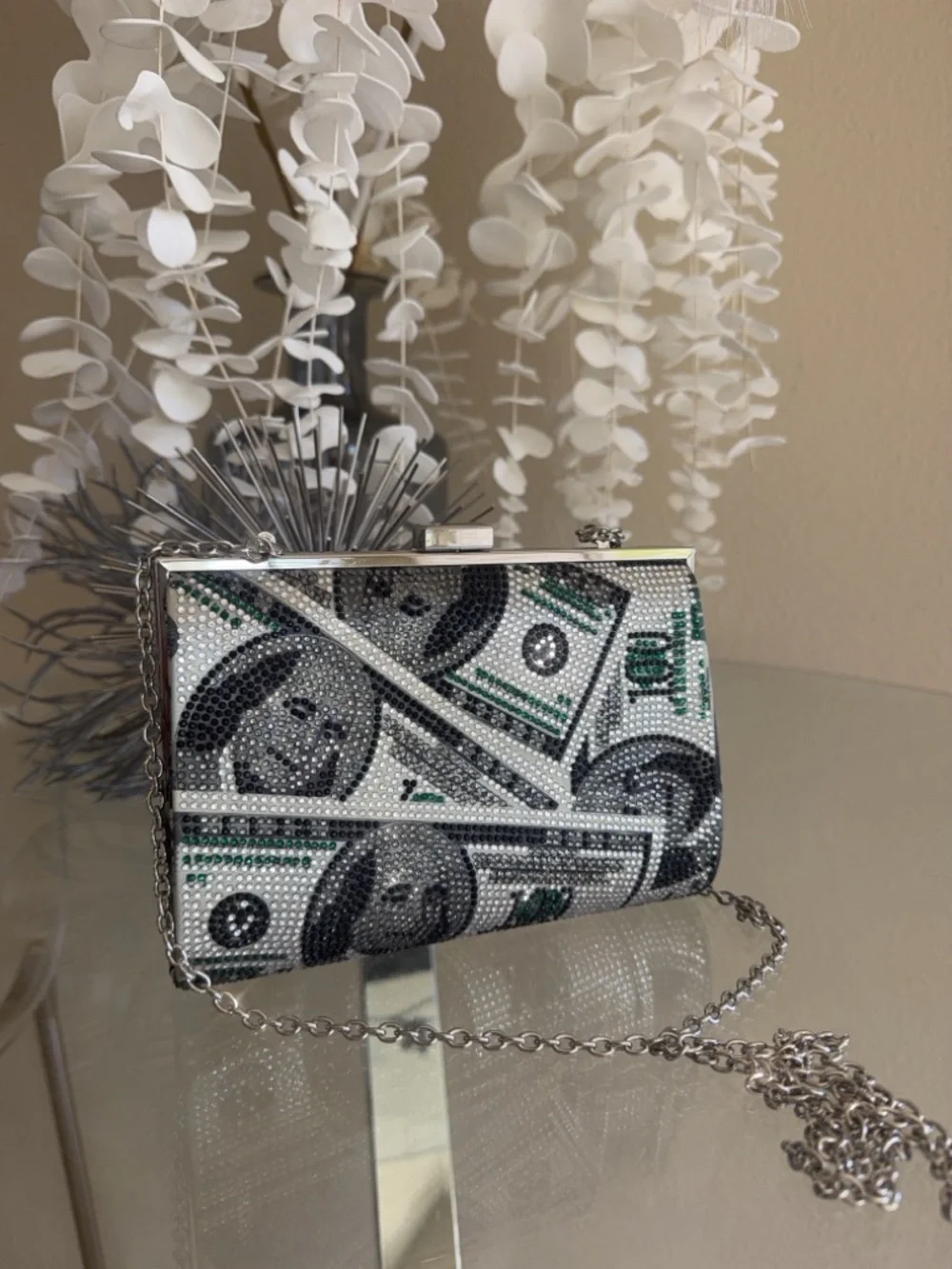 Crystal Money Print Evening Clutch - Silver & Green